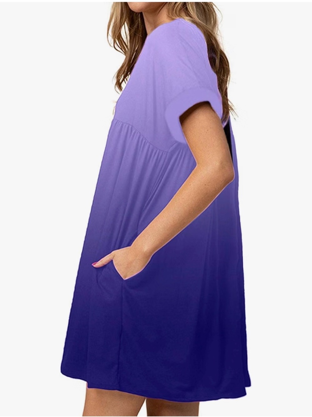 Ombre Purple Short Sleeve Mini Dress with Pockets
